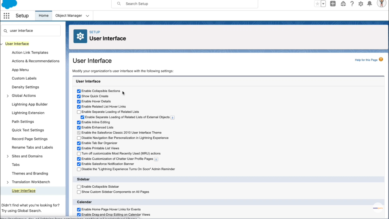 user interface settings in salesforce